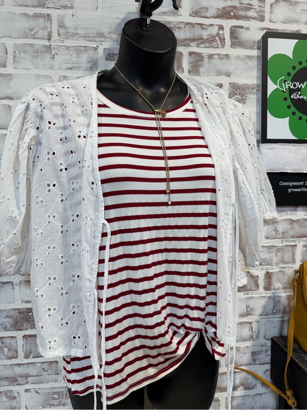 White Eyelet Tie-Front Blouse with Short Sleeves - Picture 2 of 5